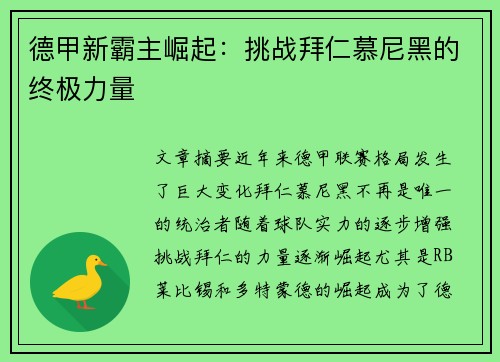 德甲新霸主崛起：挑战拜仁慕尼黑的终极力量